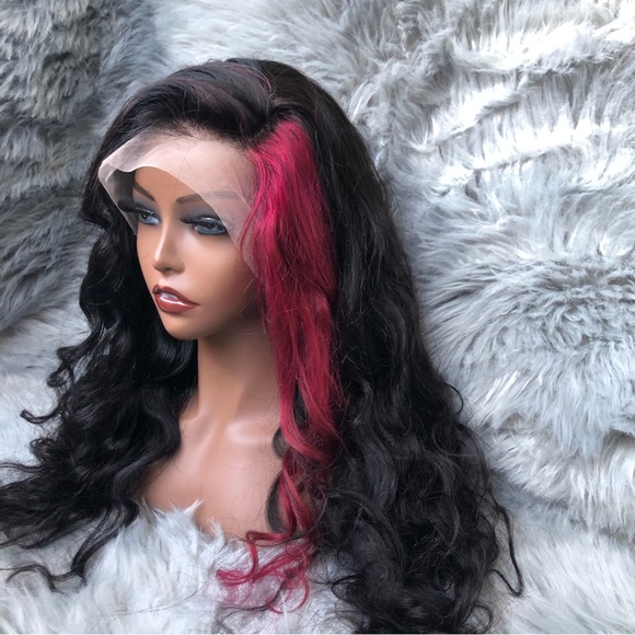Sold ❗️ 100% Human Hair Lace Front Wig • Body Wave 28” Black w/ Hot Pink Stripe - Picture 5 of 15